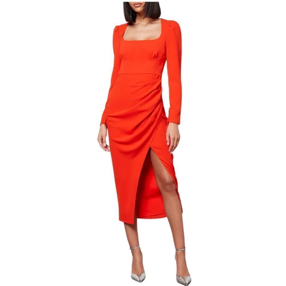 Self-Portrait Square Neckline Crepe Ruched Midi Dress Women's Red Size 4